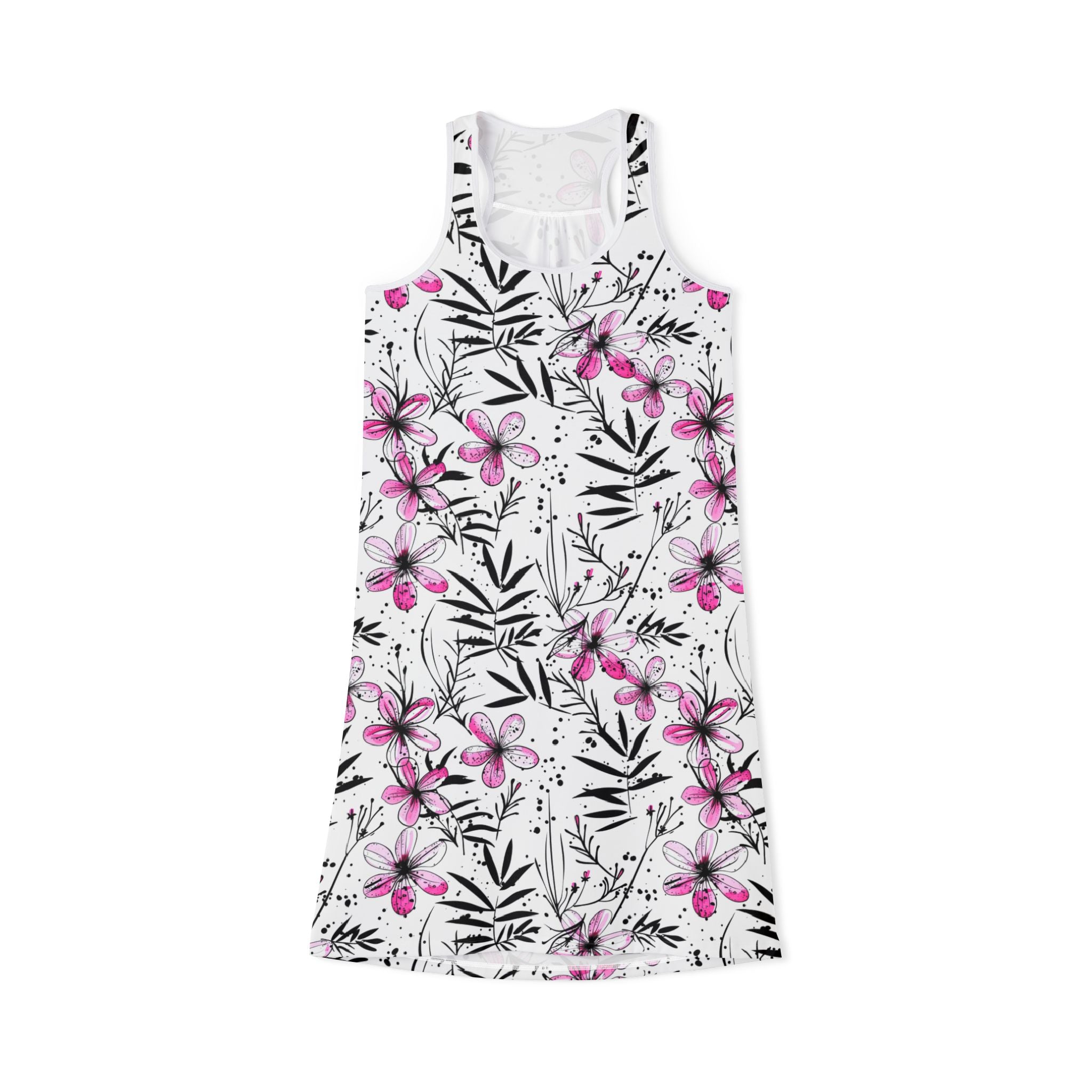 Ralee Fashion Floral Ink Print Pink and Black Racerback Dress for Women, Summer Dress, Beachwear, Casual Sundress, Floral Lounge Dress, Vacation Outfit