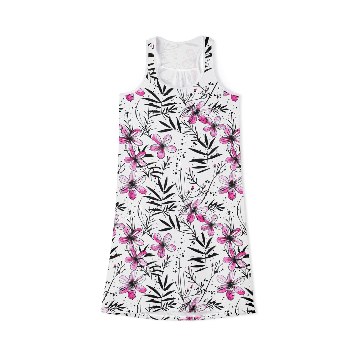 Ralee Fashion Floral Ink Print Pink and Black Racerback Dress for Women, Summer Dress, Beachwear, Casual Sundress, Floral Lounge Dress, Vacation Outfit
