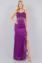 Cinderella Couture 8085J Satin Fitted Prom Gown Trimmed in Lace