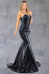 Cinderella Couture 8092J Wet Look Mermaid Prom Gown With Train