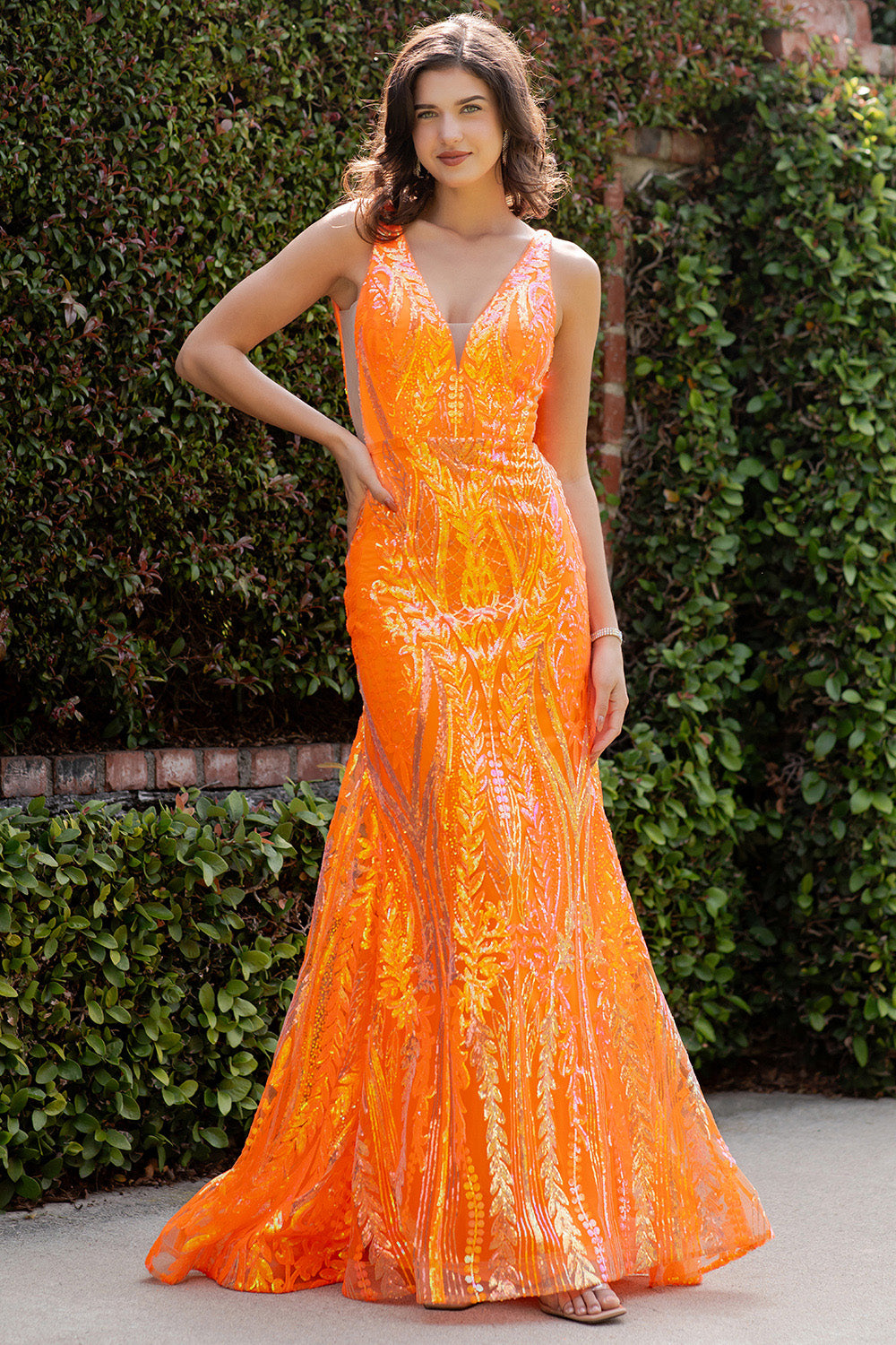 Cinderella Couture 8182J Orange Fitted Prom Gown with Embroidery & Sequins