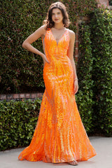Cinderella Couture 8182J Orange Fitted Prom Gown with Embroidery & Sequins