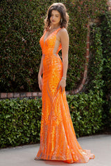 Cinderella Couture 8182J Orange Fitted Prom Gown with Embroidery & Sequins