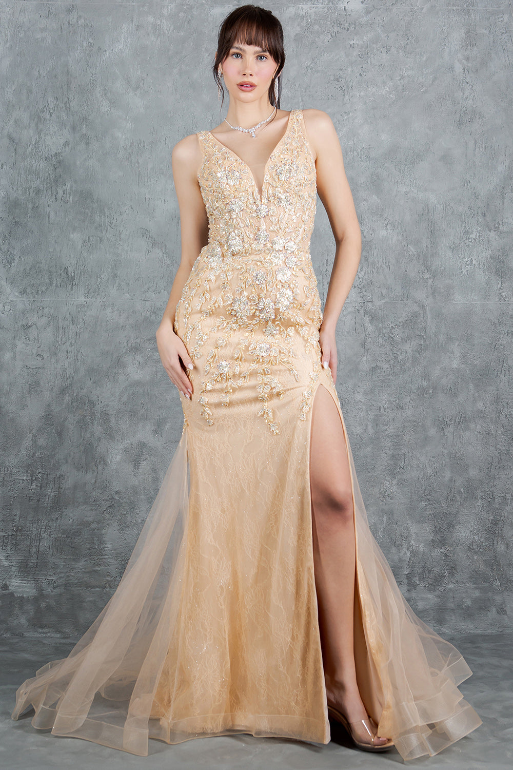 Cinderella Couture 8241J Lace and Tulle Fit and Flare Prom Gown