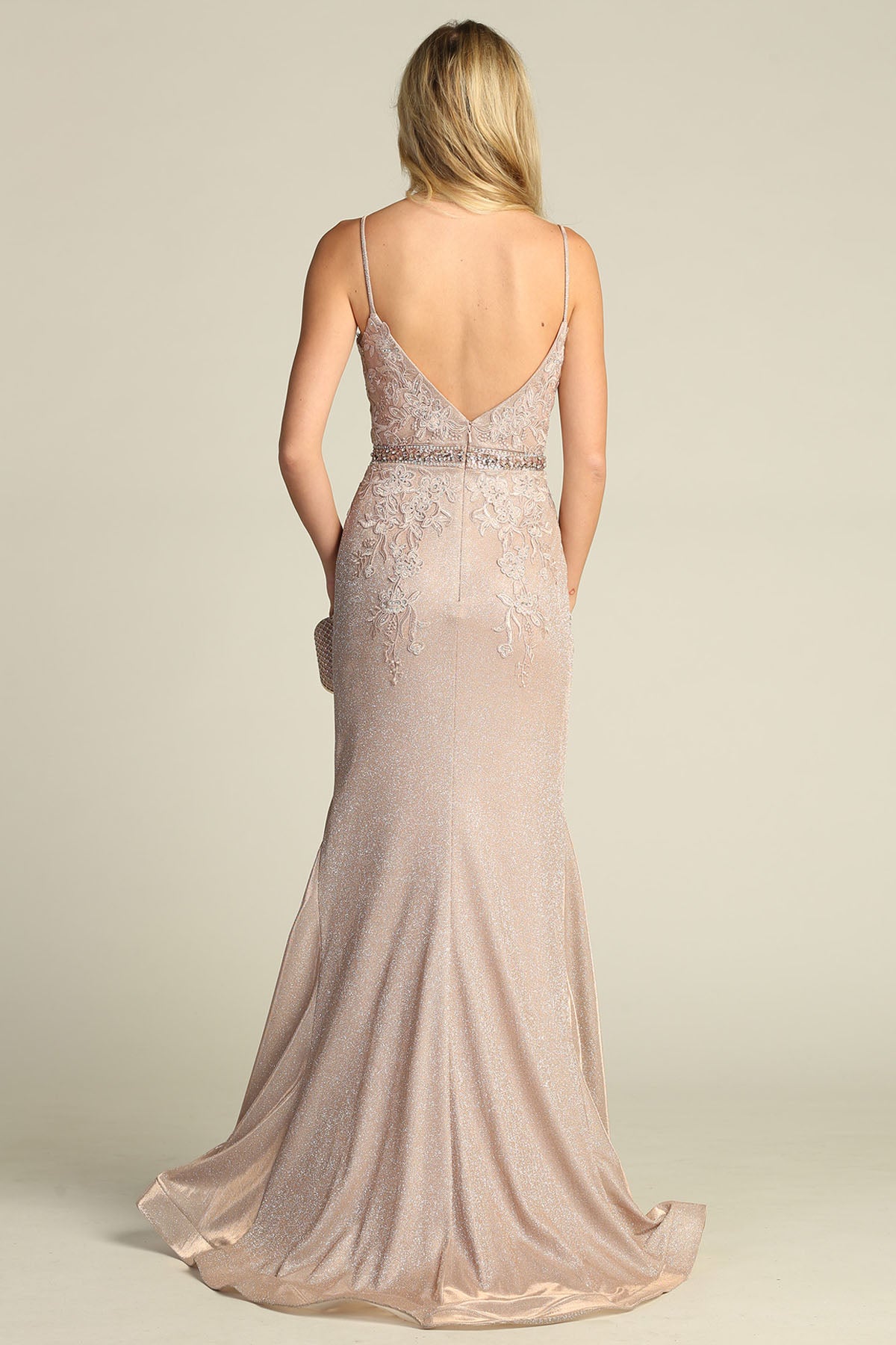 Chicas C-243 Embroidered Lace Sparkle Mermaid Prom Gown With Deep V Neck