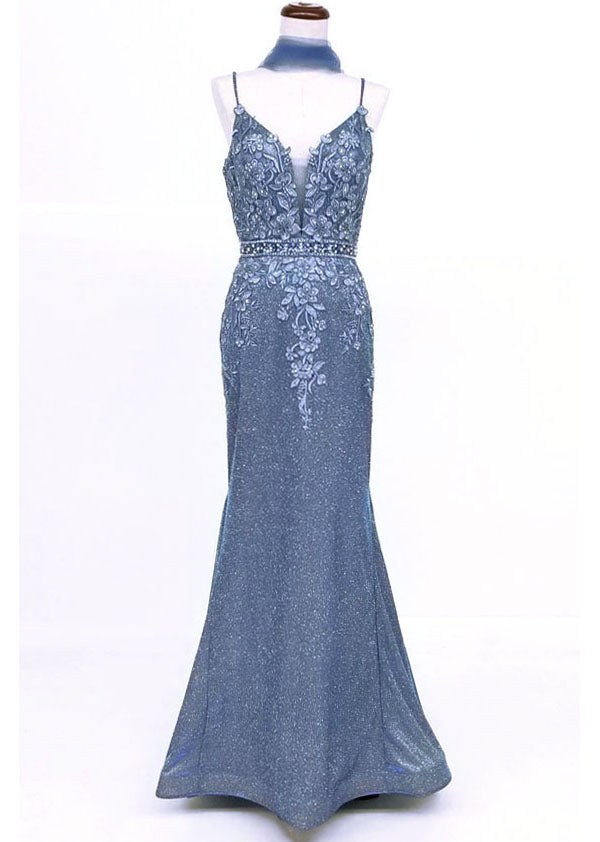 Chicas C-243 Embroidered Lace Sparkle Mermaid Prom Gown With Deep V Neck