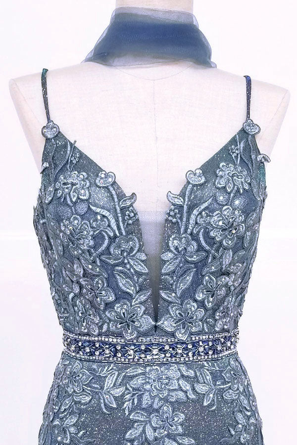 Chicas C-243 Embroidered Lace Sparkle Mermaid Prom Gown With Deep V Neck