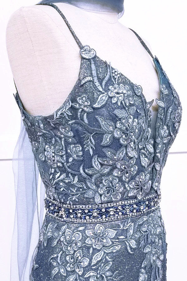 Chicas C-243 Embroidered Lace Sparkle Mermaid Prom Gown With Deep V Neck