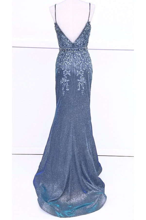 Chicas C-243 Embroidered Lace Sparkle Mermaid Prom Gown With Deep V Neck