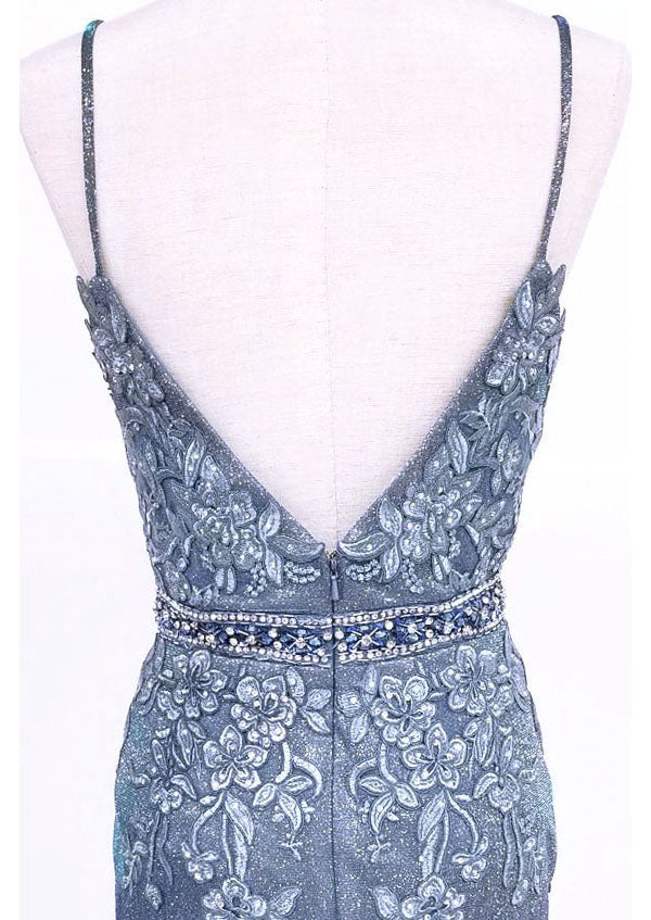 Chicas C-243 Embroidered Lace Sparkle Mermaid Prom Gown With Deep V Neck