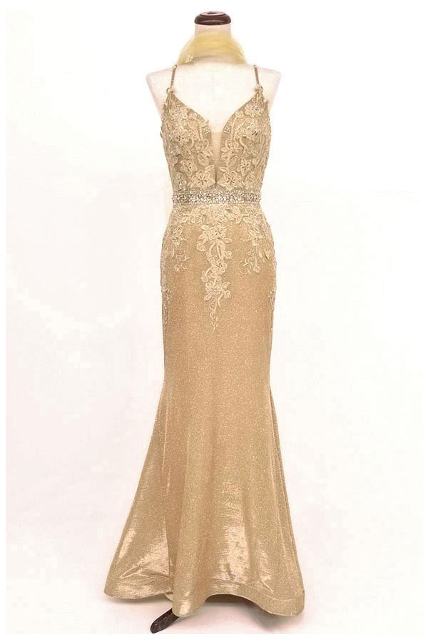 Chicas C-243 Embroidered Lace Sparkle Mermaid Prom Gown With Deep V Neck