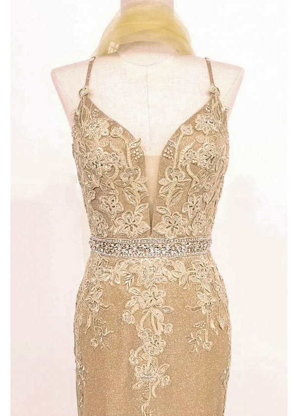 Chicas C-243 Embroidered Lace Sparkle Mermaid Prom Gown With Deep V Neck