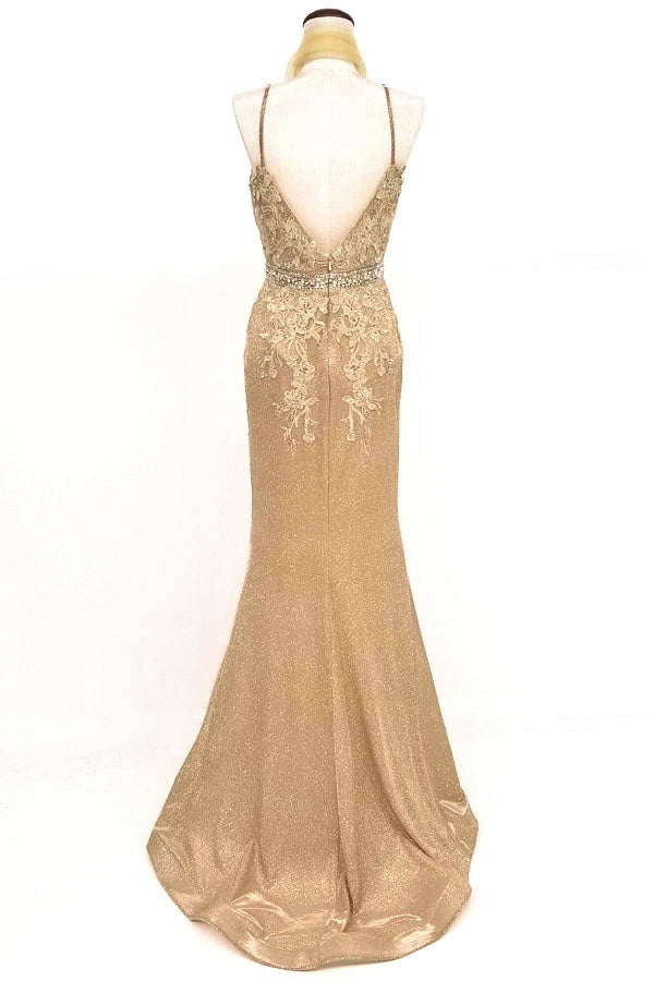 Chicas C-243 Embroidered Lace Sparkle Mermaid Prom Gown With Deep V Neck