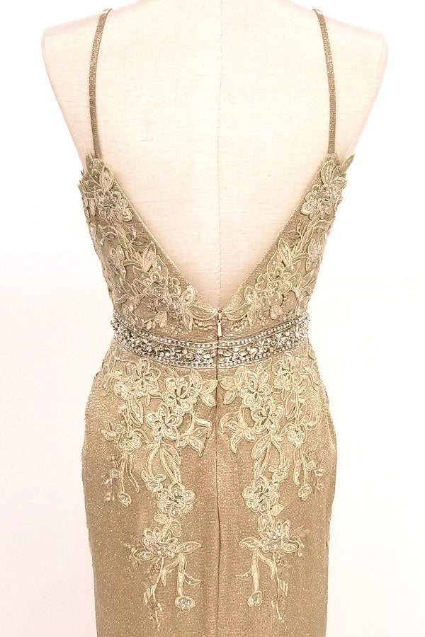Chicas C-243 Embroidered Lace Sparkle Mermaid Prom Gown With Deep V Neck