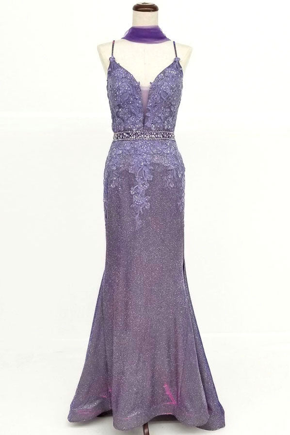 Chicas C-243 Embroidered Lace Sparkle Mermaid Prom Gown With Deep V Neck