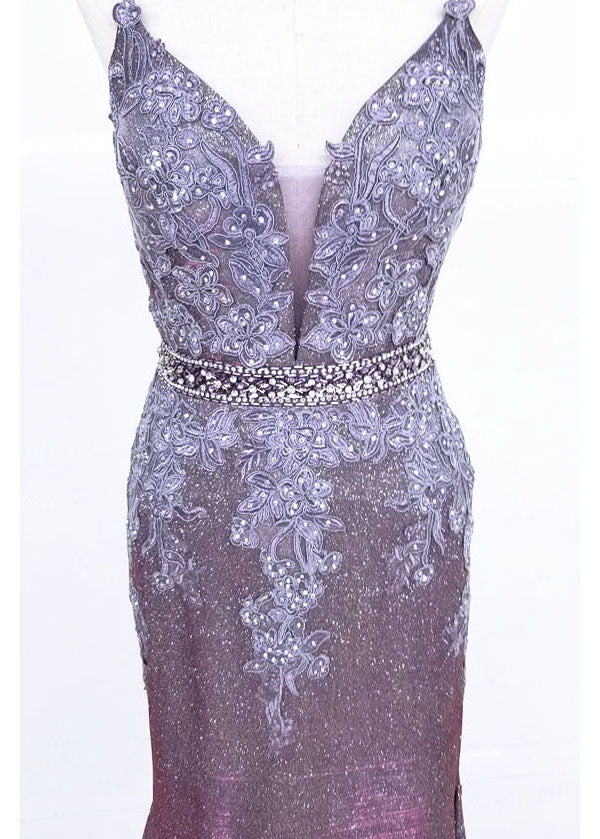 Chicas C-243 Embroidered Lace Sparkle Mermaid Prom Gown With Deep V Neck