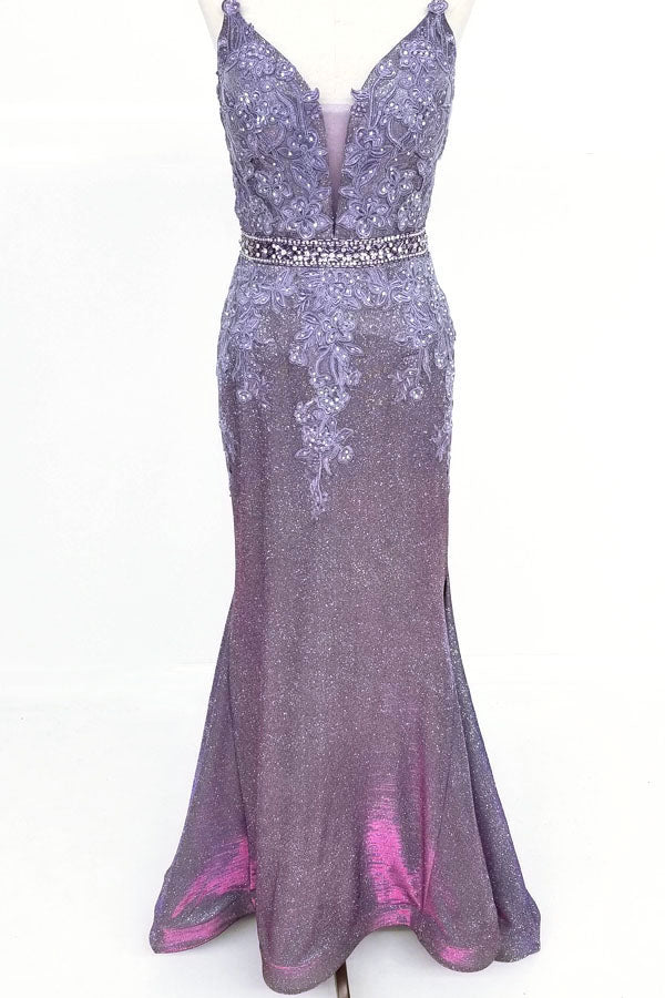 Chicas C-243 Embroidered Lace Sparkle Mermaid Prom Gown With Deep V Neck
