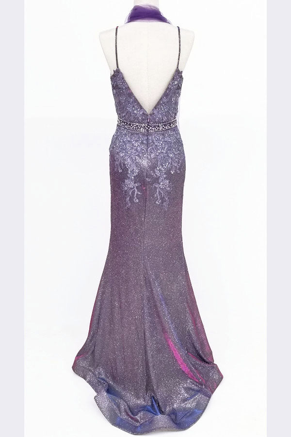 Chicas C-243 Embroidered Lace Sparkle Mermaid Prom Gown With Deep V Neck