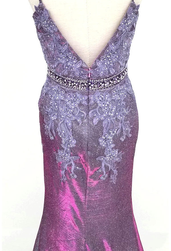 Chicas C-243 Embroidered Lace Sparkle Mermaid Prom Gown With Deep V Neck