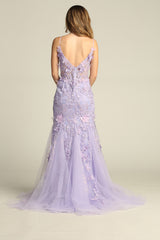 Chicas C-328 Embroidered Flowers And Butterflies On Tulle Long Prom Gown