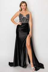 Chicas C343 Satin And Rhinestone Split Skirt Prom Gown