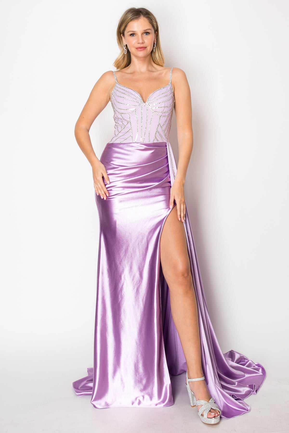 Chicas C343 Satin And Rhinestone Split Skirt Prom Gown
