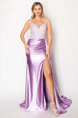 Chicas C343 Satin And Rhinestone Split Skirt Prom Gown