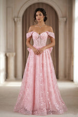 Chicas C391 Floral Embroidered Prom Gown With Corset & Brush Train