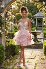 Chicas DM8031 Short Shimmer Tulle Homecoming Dress With Corset & Sequins
