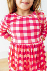 Hot Pink Gingham 3/4 Sleeve Pocket Twirl Dress