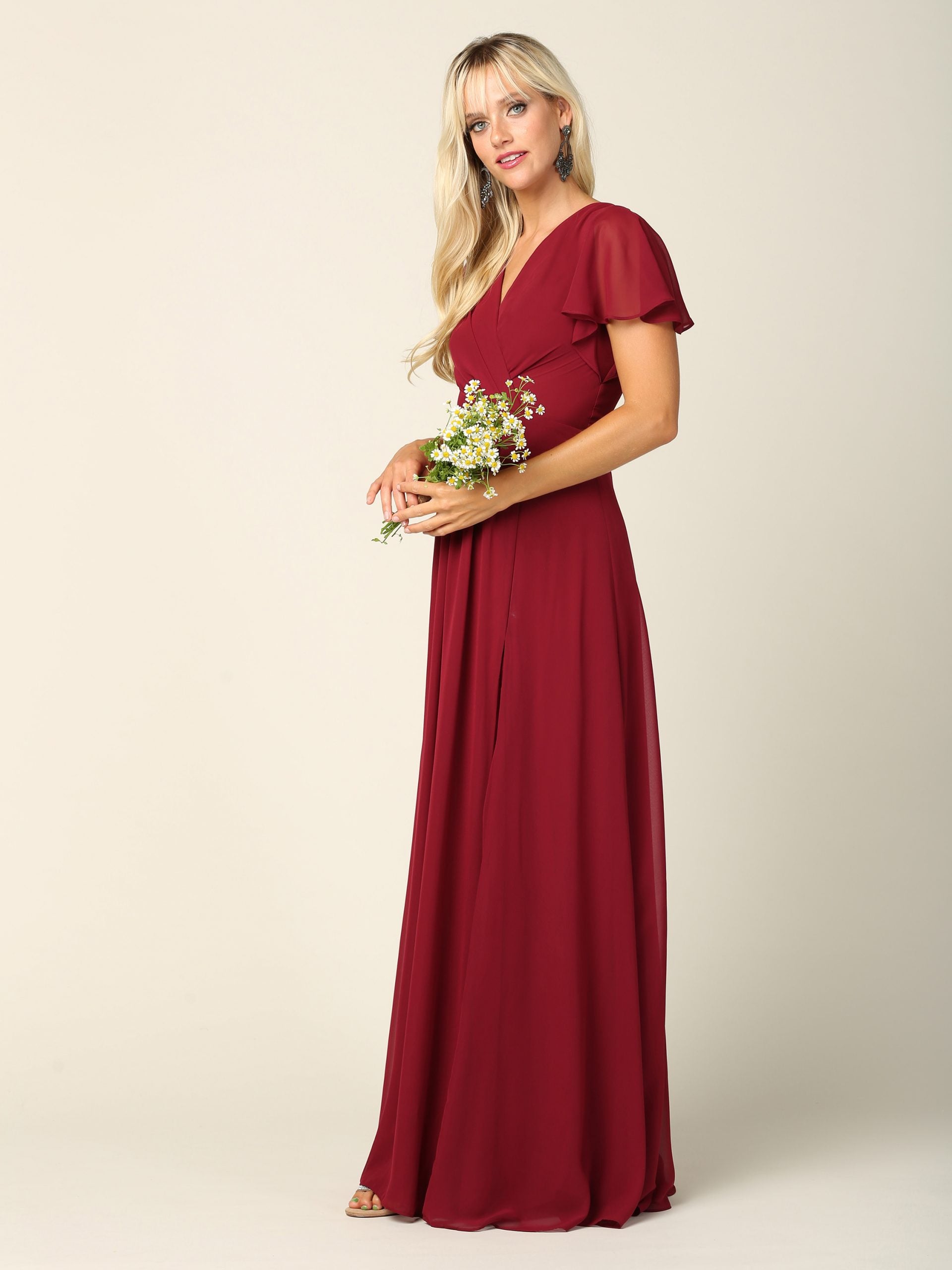 Eva USA 3413 Long Chiffon Bridesmaids Dress with Flutter Sleeves