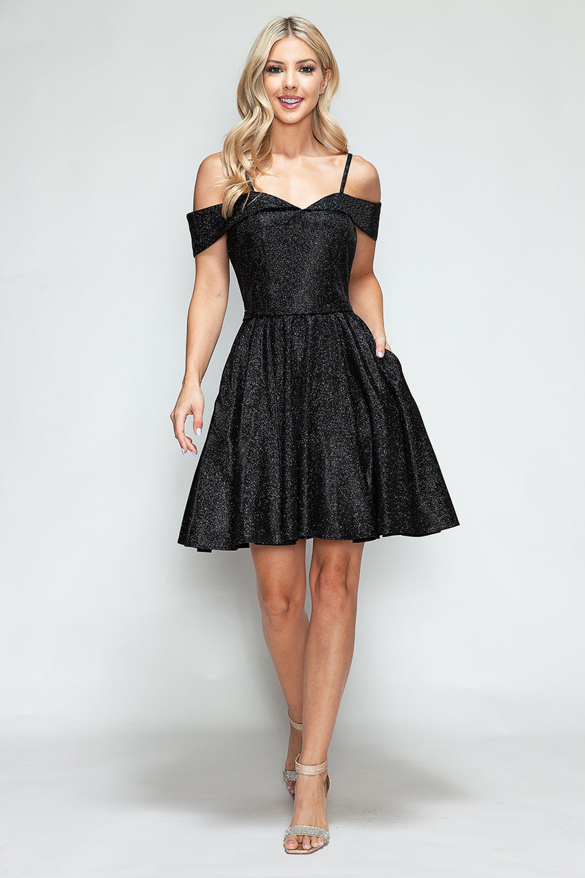 Lenovia 3092 Short Stretch Metallic Homecoming Dress with Pockets