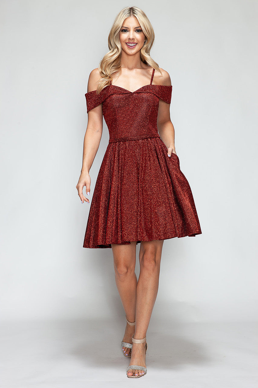 Lenovia 3092 Short Stretch Metallic Homecoming Dress with Pockets