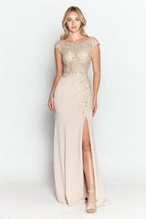 Lenovia 8343 Crystal Beaded Crepe Bridesmaids Dress Cap Sleeves