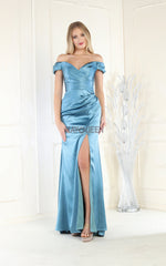 May Queen MQ1997 Satin Off-The-Shoulder Formal Gown