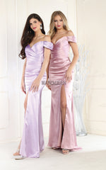 May Queen MQ1997 Satin Off-The-Shoulder Formal Gown