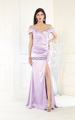 May Queen MQ1997 Satin Off-The-Shoulder Formal Gown