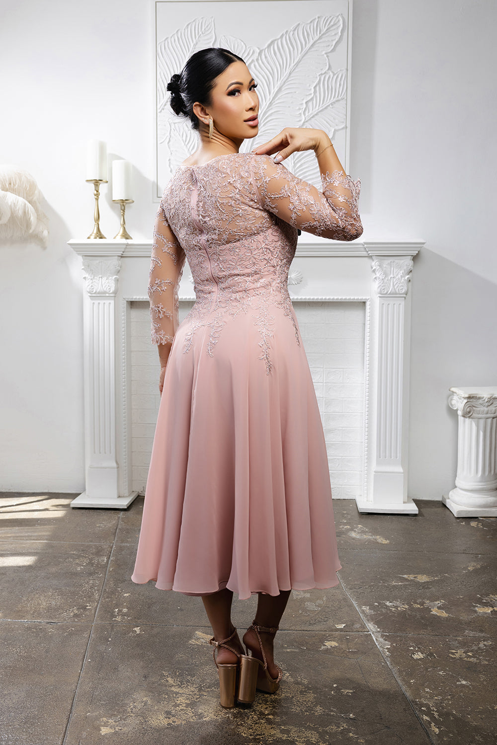 Mayqueen MQ-2108 Tea Length Mother Of The Bride Dress In Chiffon And Lace