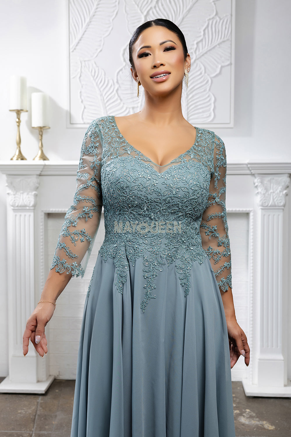 Mayqueen MQ-2108 Tea Length Mother Of The Bride Dress In Chiffon And Lace