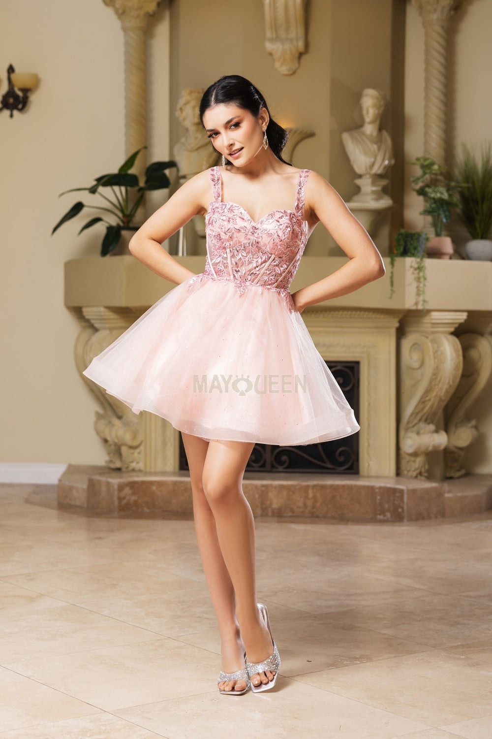 May Queen 2149 Short Sparkle Tulle and Lace Prom Dress