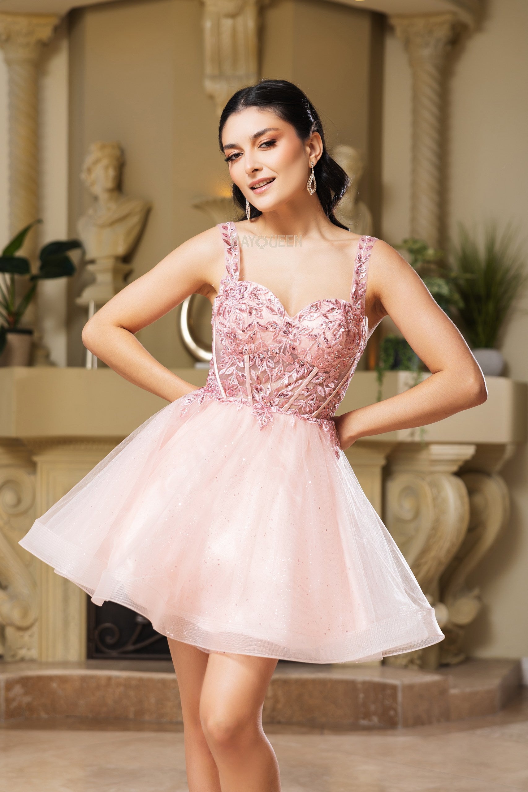 May Queen 2149 Short Sparkle Tulle and Lace Prom Dress