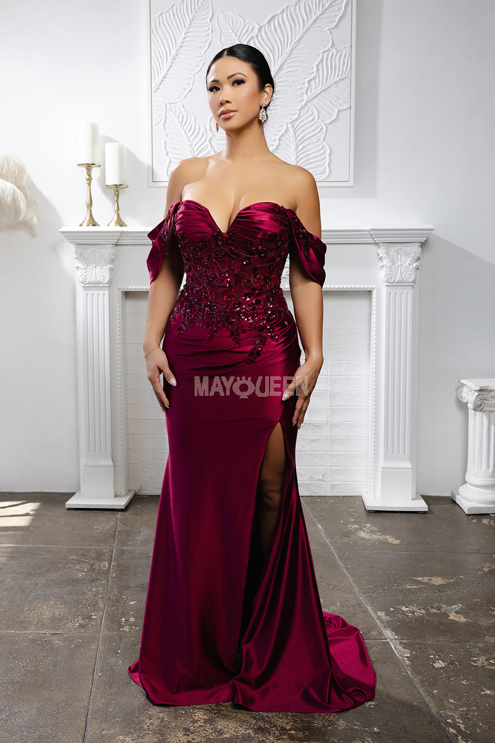 MayQueen MQ-2181 Formal Satin Prom Gown With Brush Train