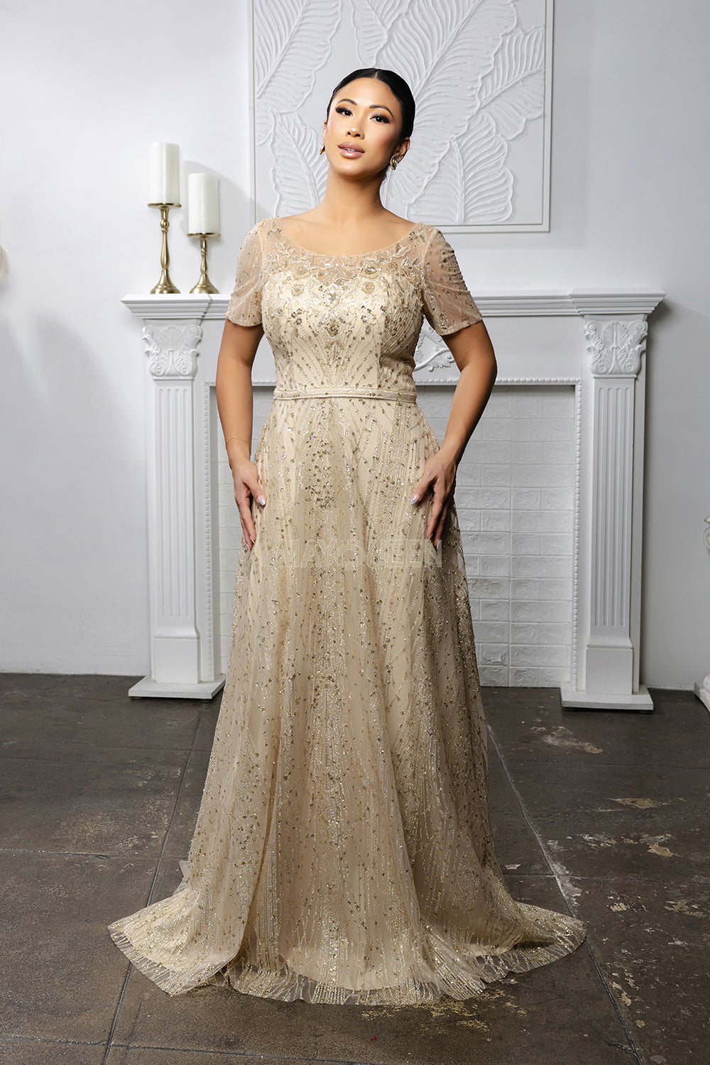 MayQueen MQ-2185 Sequined and Beaded Mesh Mothers Formal Gown