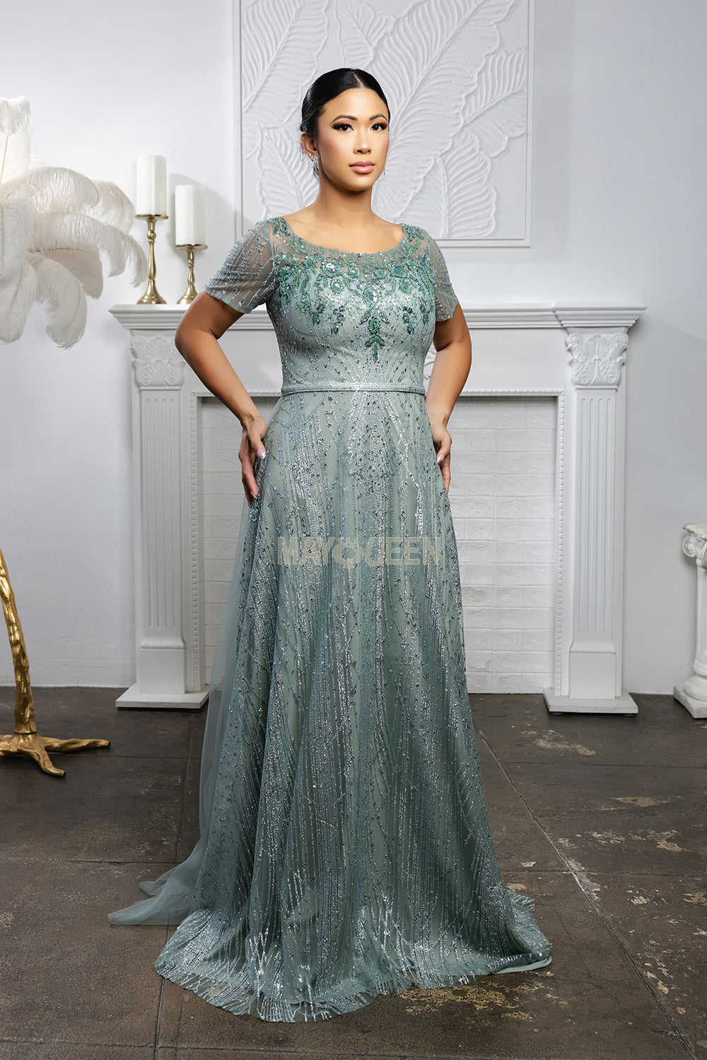 MayQueen MQ-2185 Sequined and Beaded Mesh Mothers Formal Gown