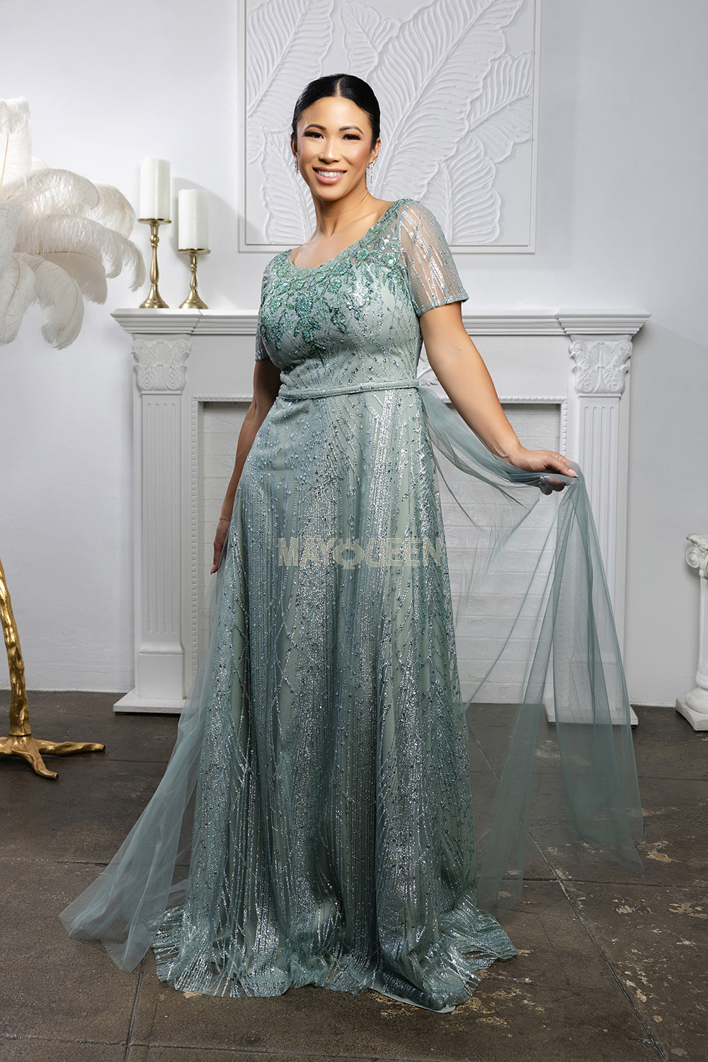 MayQueen MQ-2185 Sequined and Beaded Mesh Mothers Formal Gown