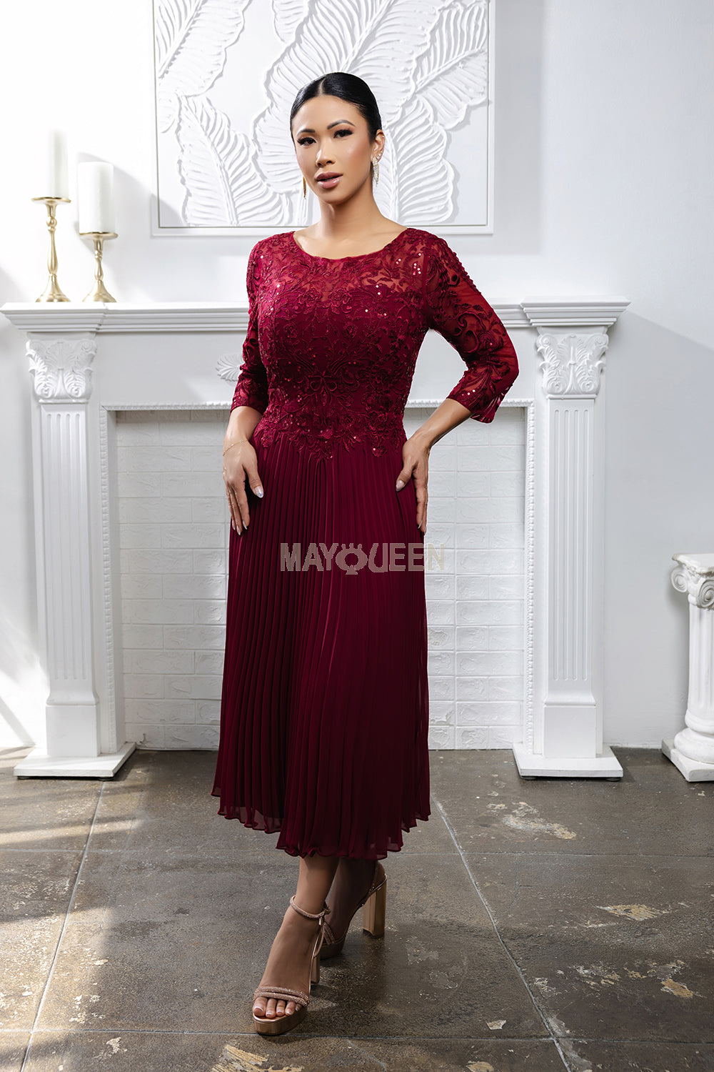 MayQueen MQ-2189 Tea Length Mother of the Bride Gown in Lace and Pleated Chiffon