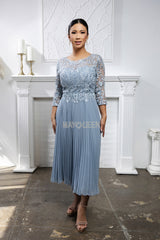 MayQueen MQ-2189 Tea Length Mother of the Bride Gown in Lace and Pleated Chiffon