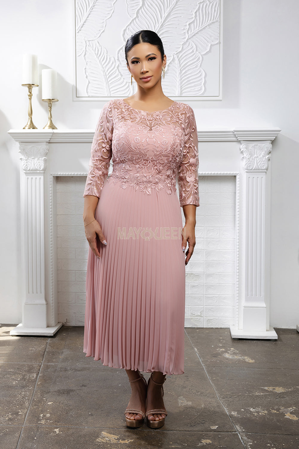 MayQueen MQ-2189 Tea Length Mother of the Bride Gown in Lace and Pleated Chiffon