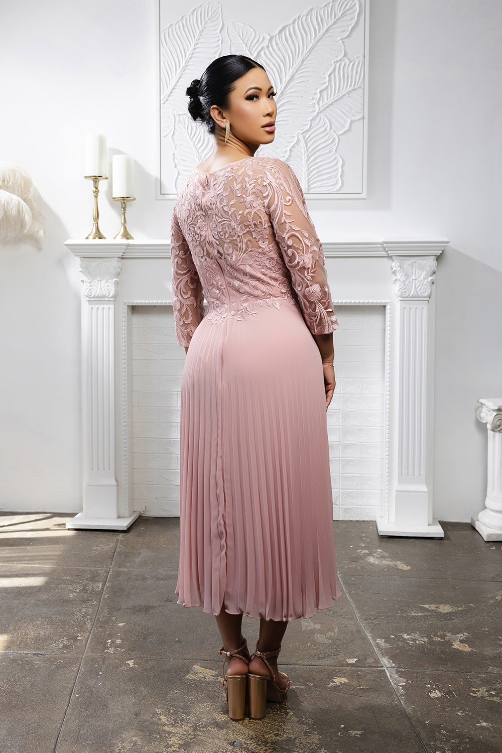 MayQueen MQ-2189 Tea Length Mother of the Bride Gown in Lace and Pleated Chiffon