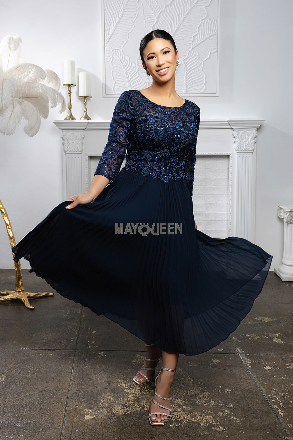 MayQueen MQ-2189 Tea Length Mother of the Bride Gown in Lace and Pleated Chiffon